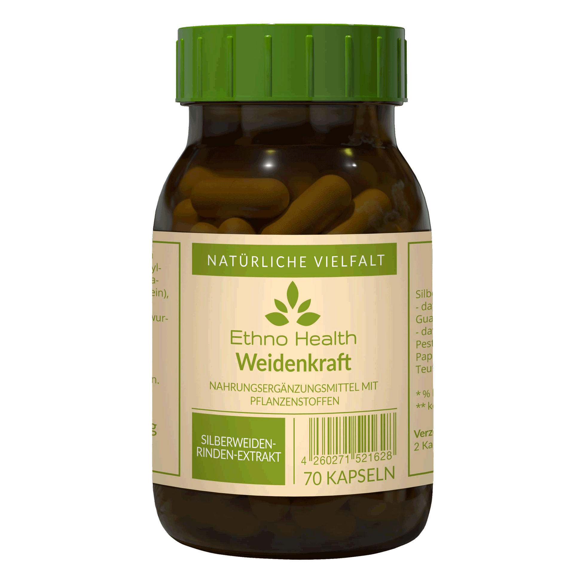 Weidenkraft von Ethno Health beinhaltet 70 Kapseln