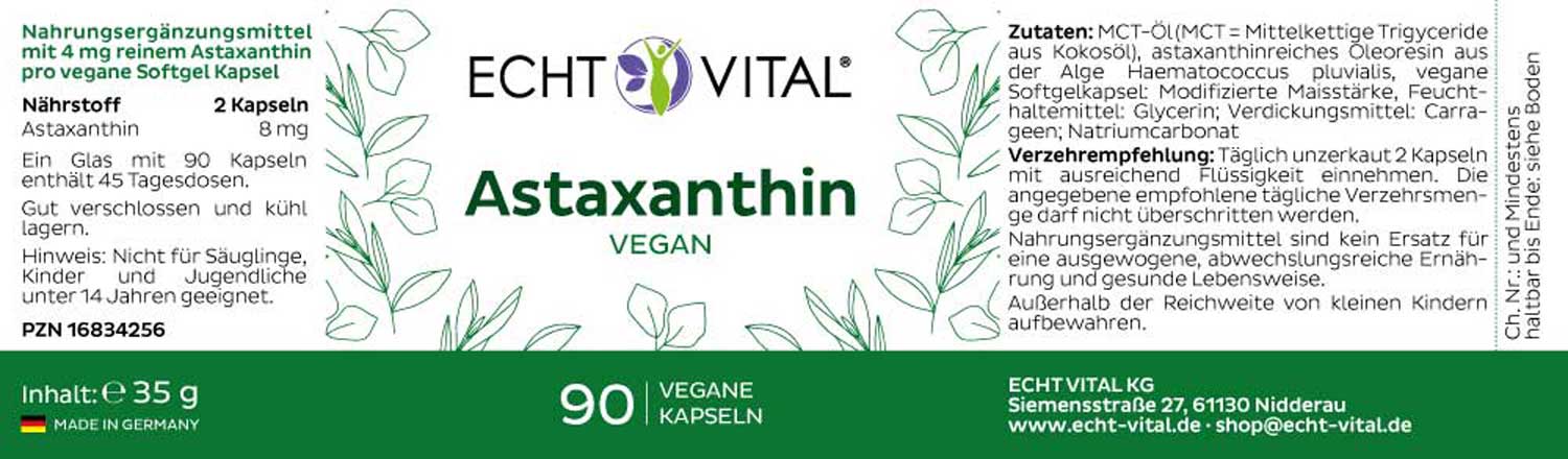 Echt Vital Astaxanthin Vegan beinhaltet 90 Kapseln