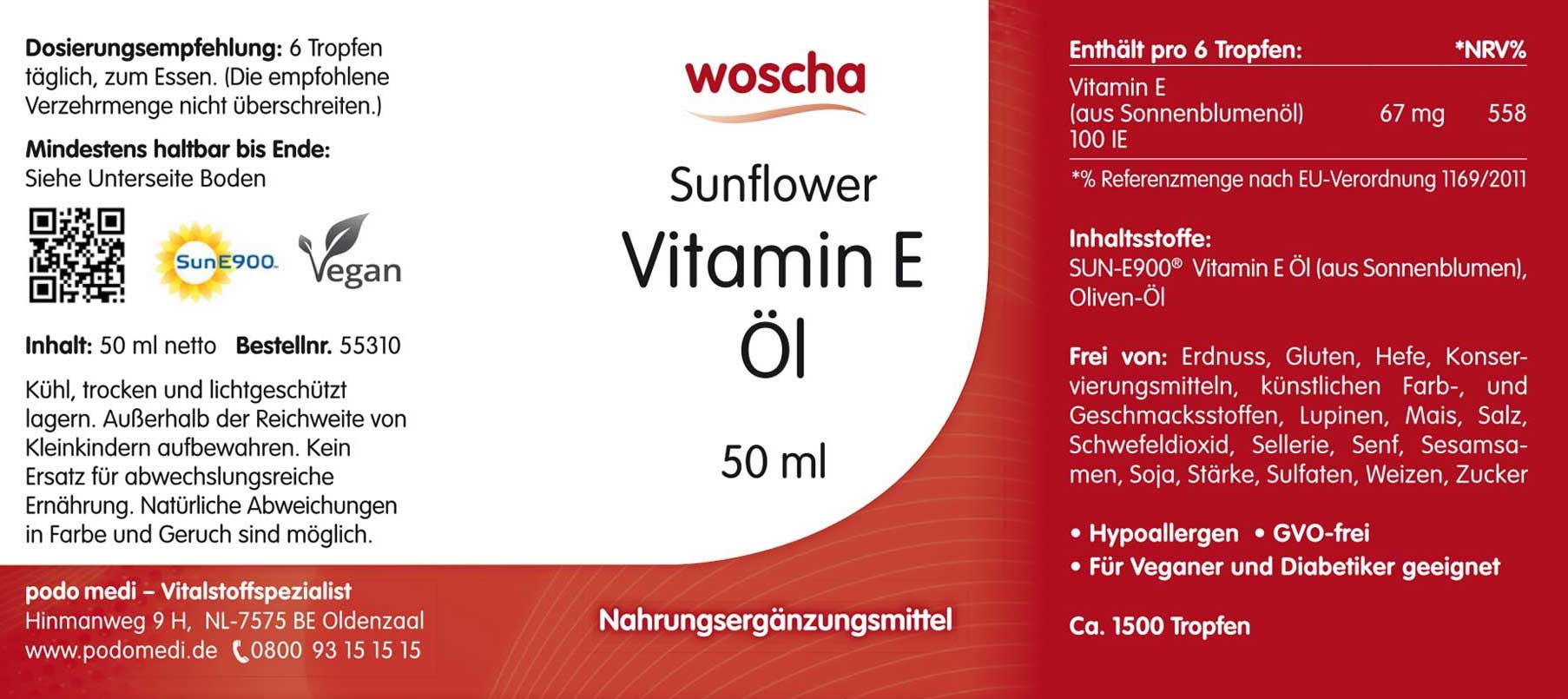 Woscha Sunflower Vitamin E Öl von podo medi in 50 Milliliter Flasche Etikett