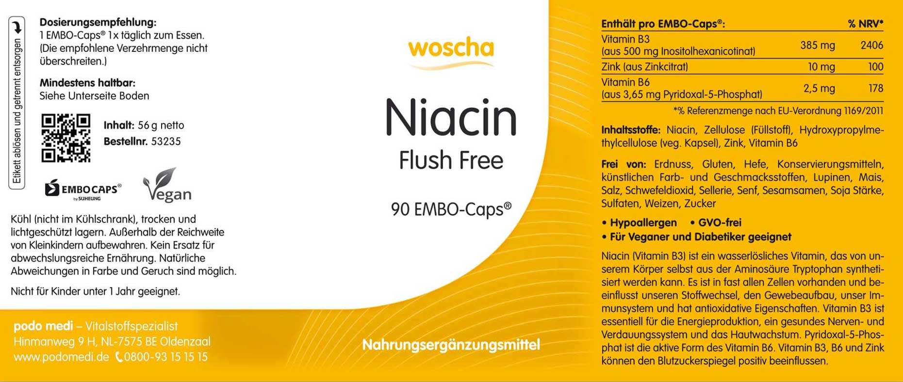 Woscha Niacin Flush Free von podo medi beinhaltet 90 Kapseln Etikett