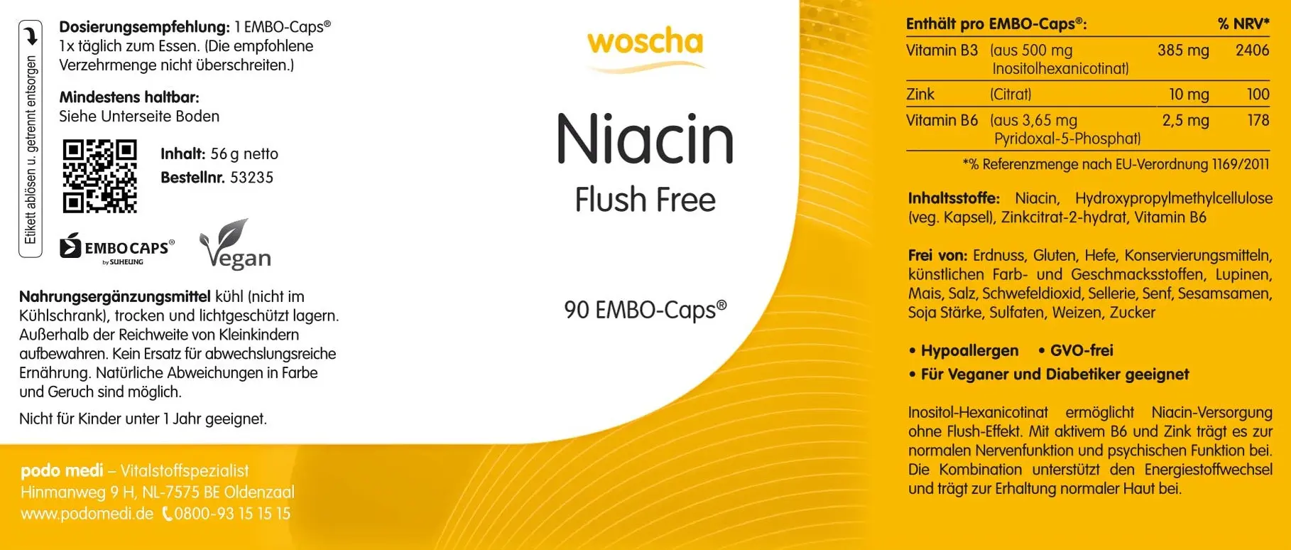 Woscha Niacin Flush Free von podo medi beinhaltet 90 Kapseln Etikett