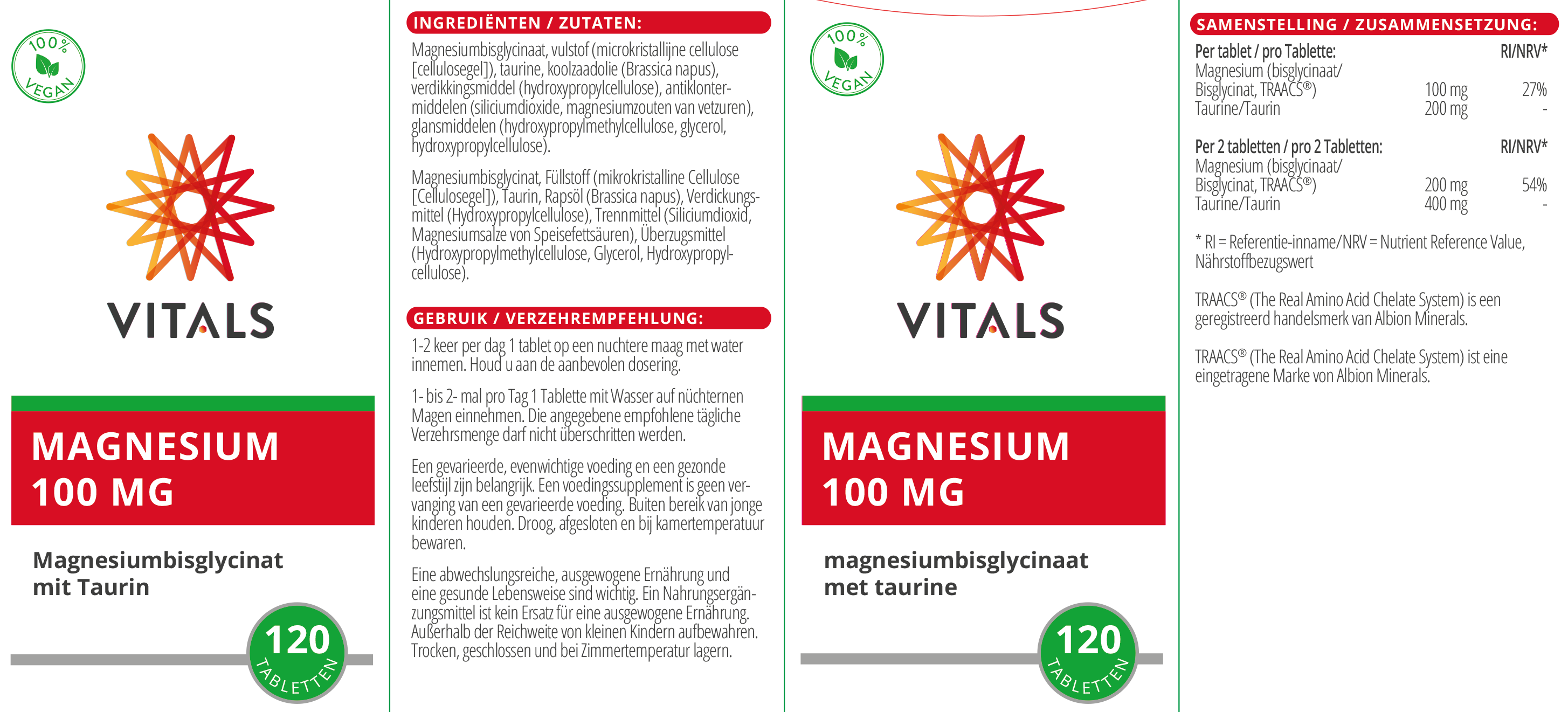 Vitals Magnesiumbisglycinat 100 mg mit Taurin, 120 Tabletten  EAN: 8716717002696