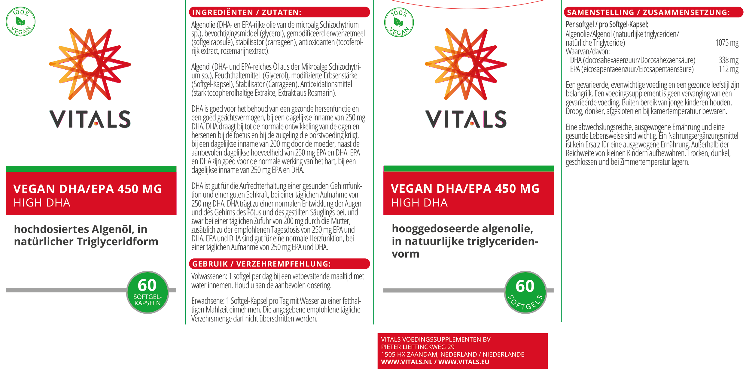 Vitals Vegan DHA/EPA 450 mg, 60 vegan Softgel-Kapseln  EAN: 8716717004287