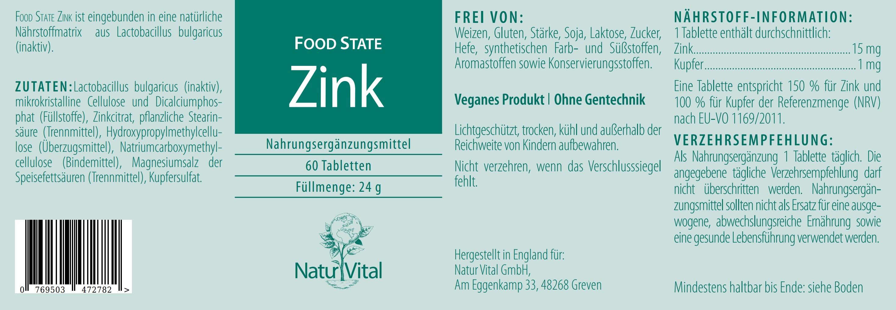 Zink von Natur Vital beinhaltet 60 Tabletten Etikett