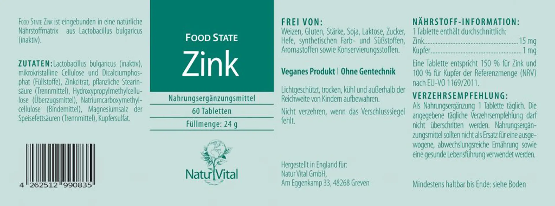 Zink von Natur Vital beinhaltet 60 Tabletten Etikett