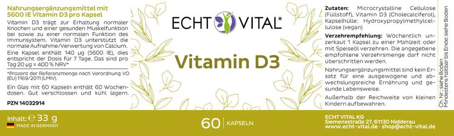 Etikett Vitamin D3 von Echt Vital beinhaltet 60 Kapseln