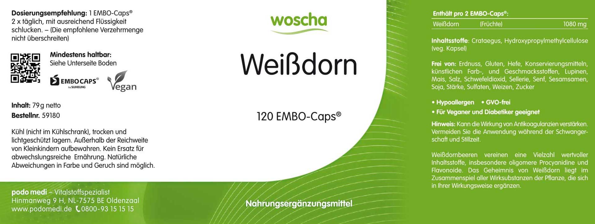 Woscha Weißdorn von podo medi beinhaltet 120 Kapseln Etikett