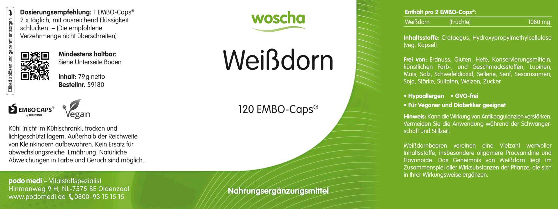 Woscha Weißdorn podo medi 120 Kapseln Etikett Woscha Weißdorn von podo medi beinhaltet 120 Kapseln Etikett