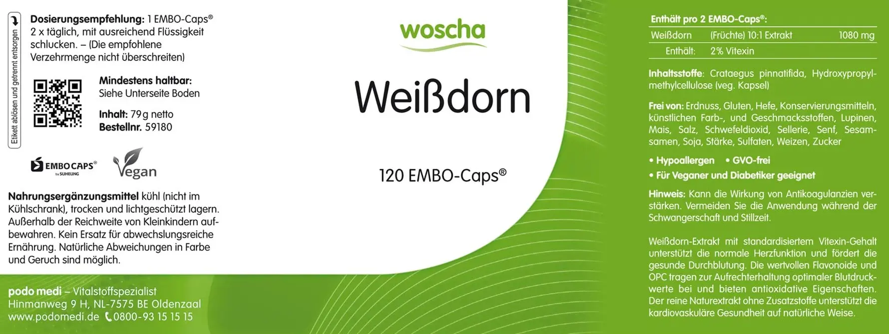 Woscha Weißdorn von podo medi beinhaltet 120 Kapseln Etikett