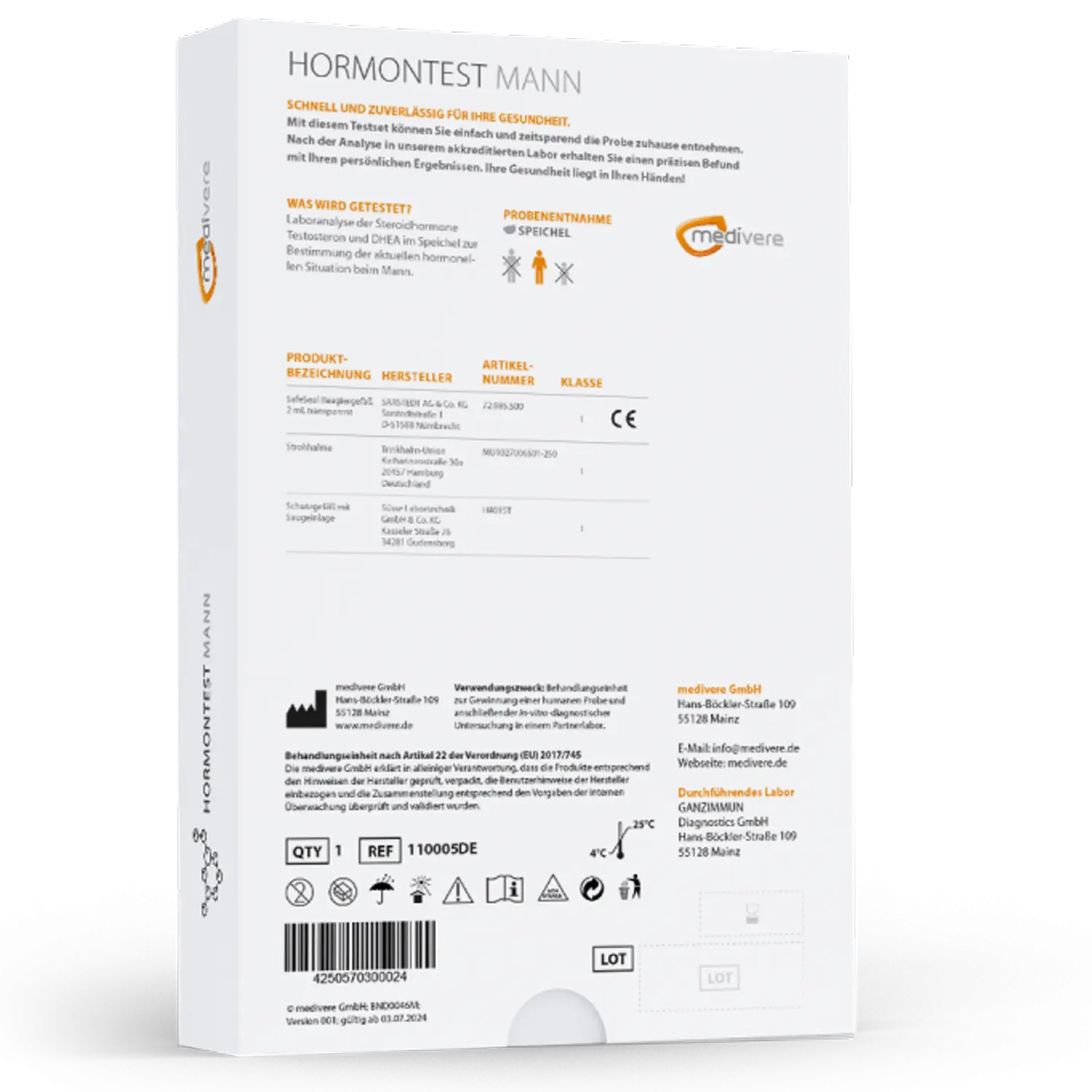 Medivere Hormontest Mann Medivere Laboranalyse Hormonstatus 110005DE Mann EAN: 4250570300024