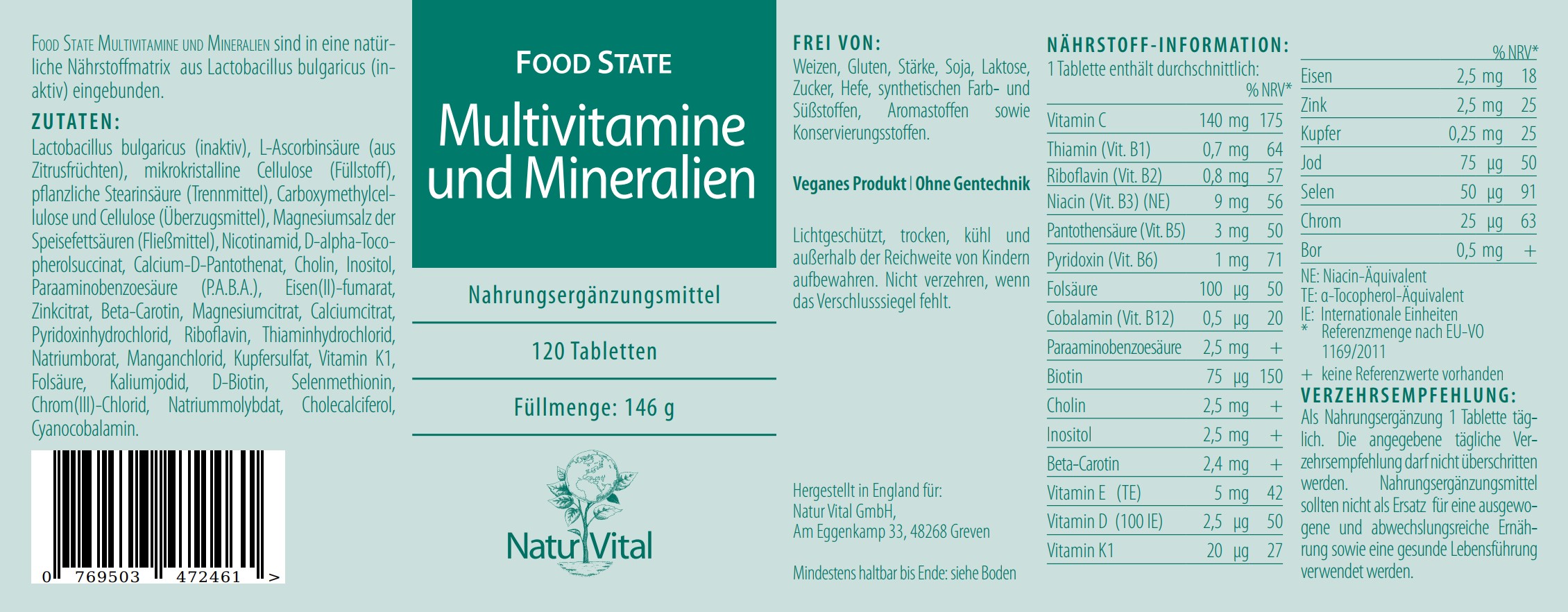 Natur Vital Multivitamine und Mineralien FOOD STATE, 120 Tabs Multivitamine EAN: 4262512990484