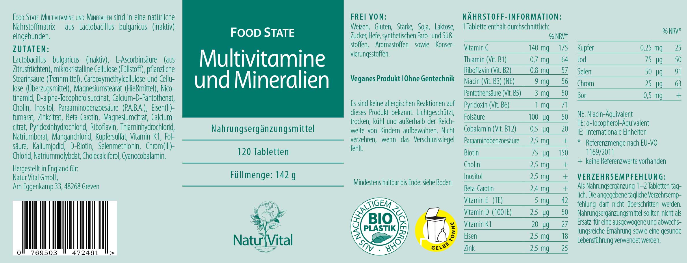 Multivitamine und Mineralien FOOD STATE, 120 Tabs