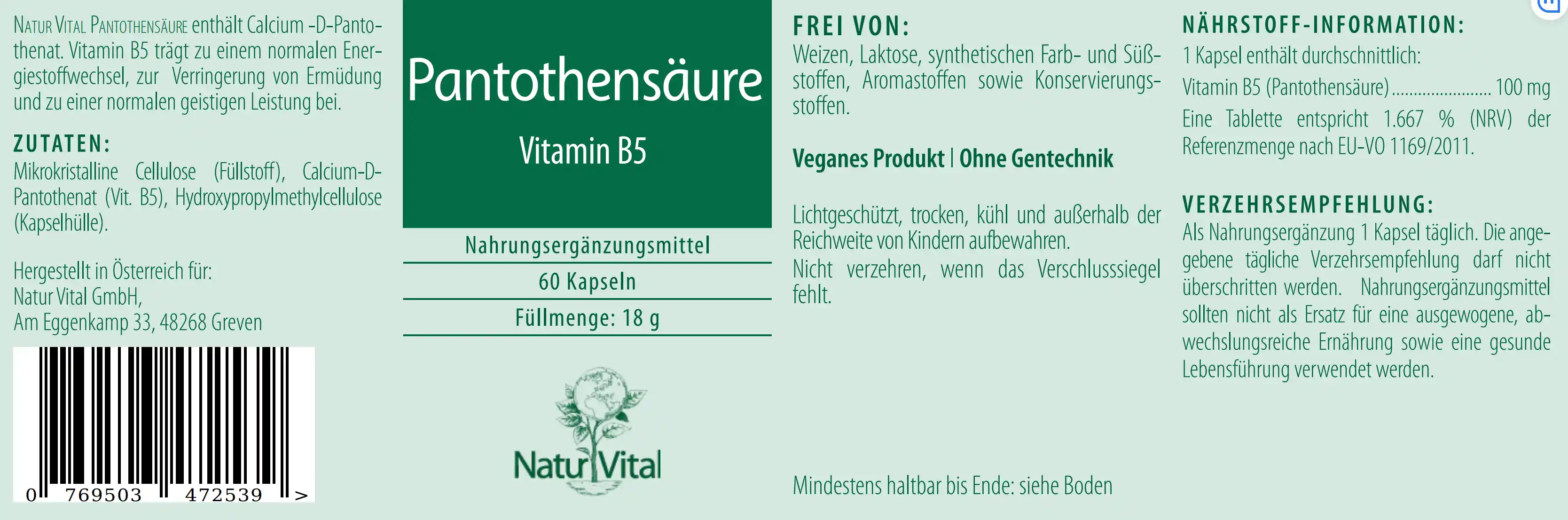 Natur Vital Pantothensäure Vitamin B5, 60 Kapseln  EAN: 4262512990569