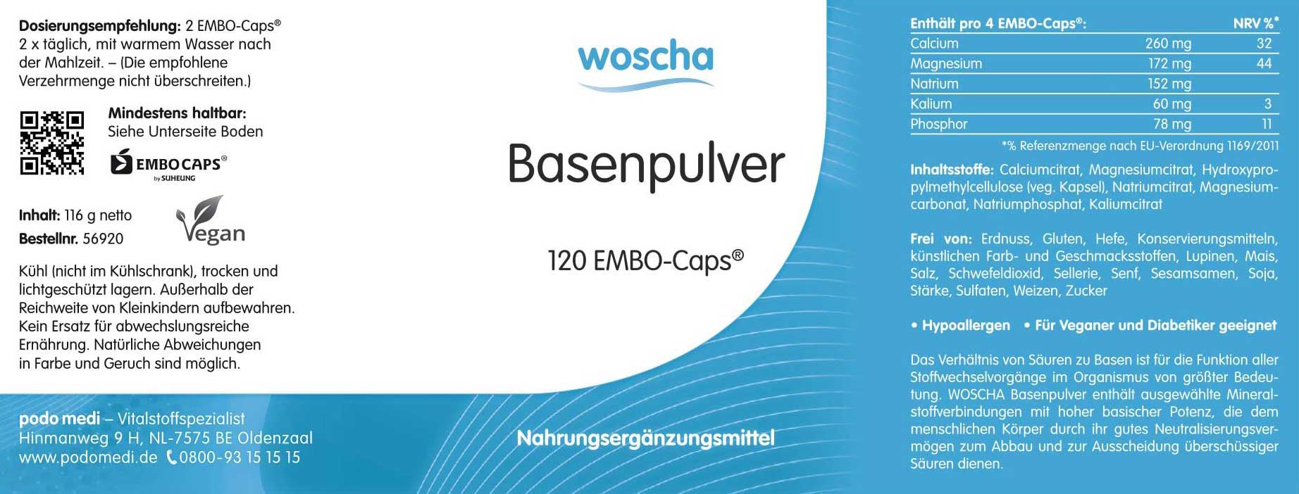 Woscha Basenpulver von podo medi beinhaltet 120 Kapseln Etikett