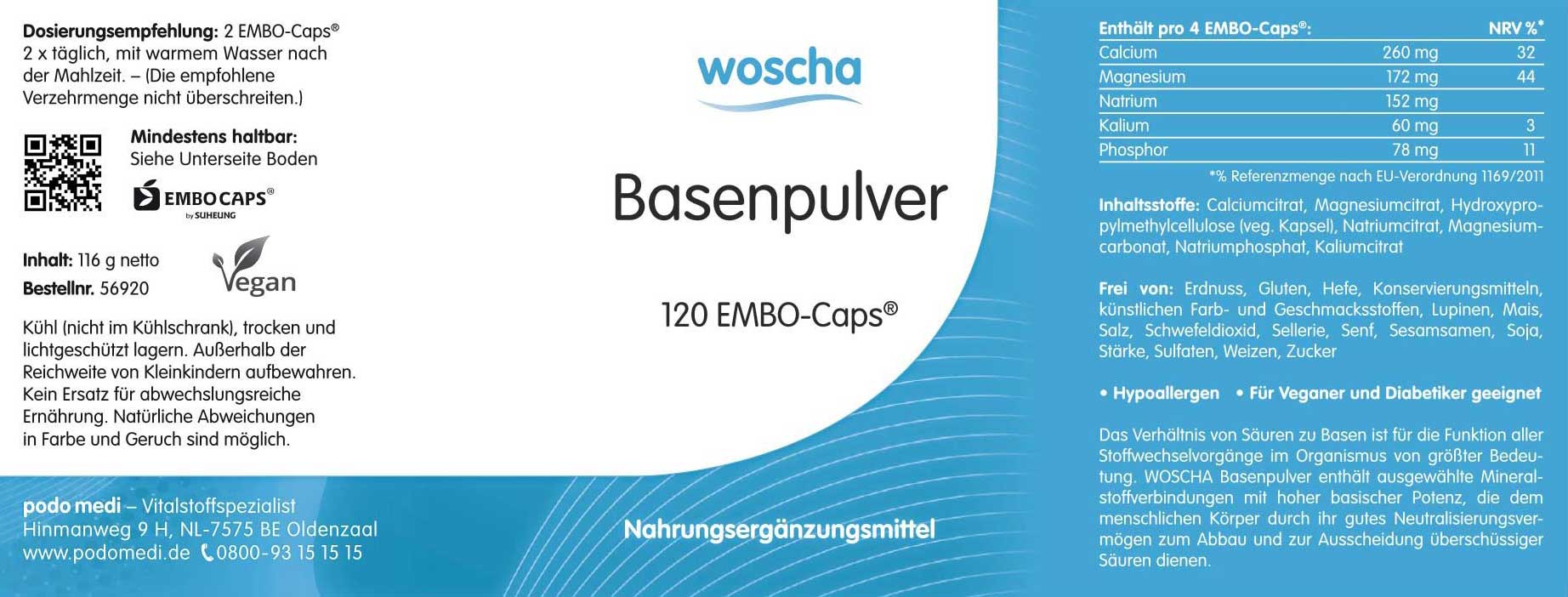 Woscha Basenpulver podo medi 120 Kapseln Etikett Woscha Basenpulver von podo medi beinhaltet 120 Kapseln Etikett