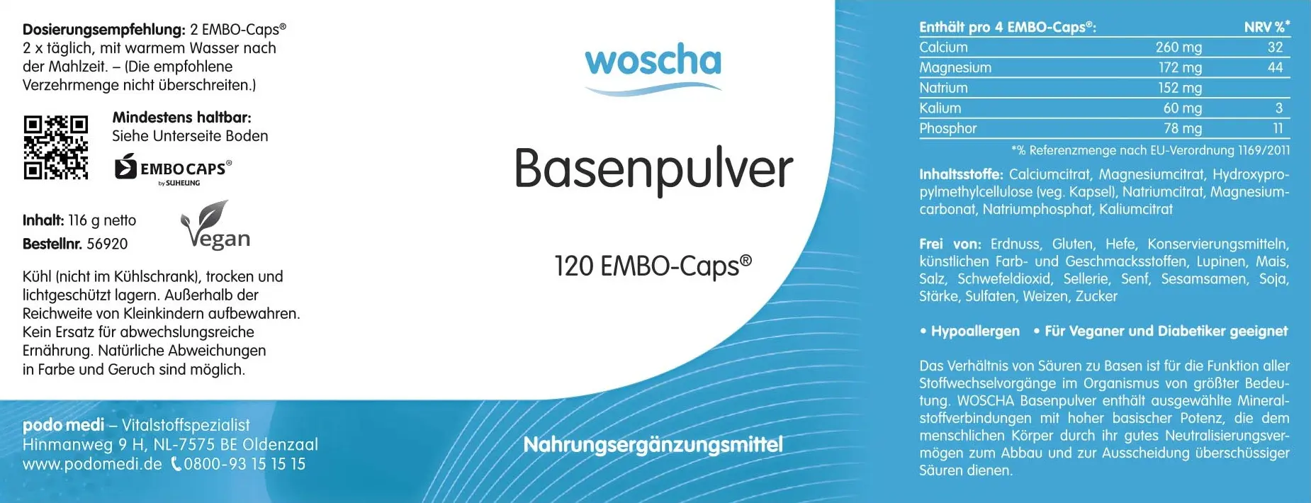 Woscha Basenpulver von podo medi beinhaltet 120 Kapseln Etikett