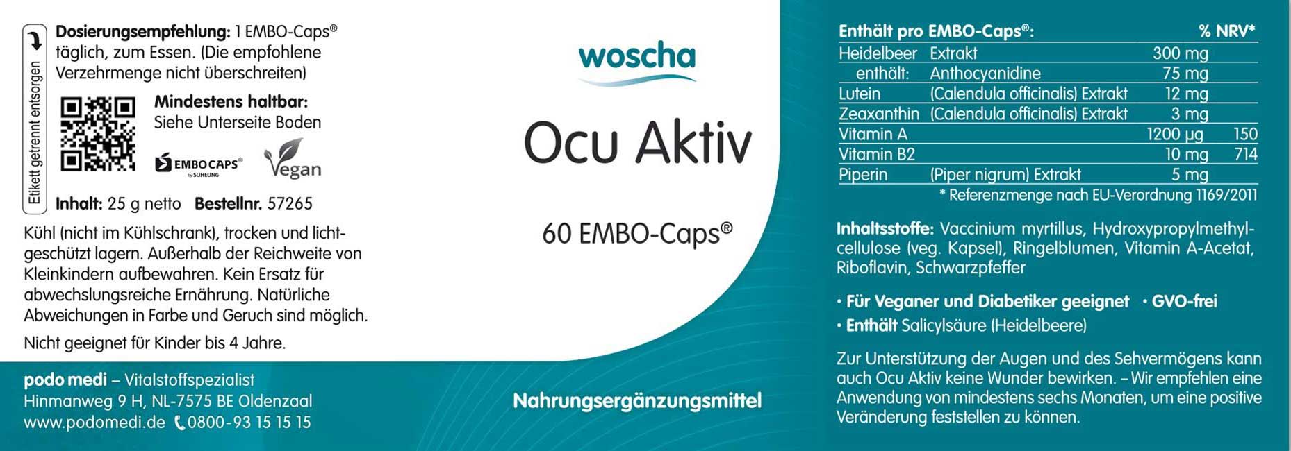 Woscha Ocu Aktiv von podo medi beinhaltet 60 Kapseln Etikett