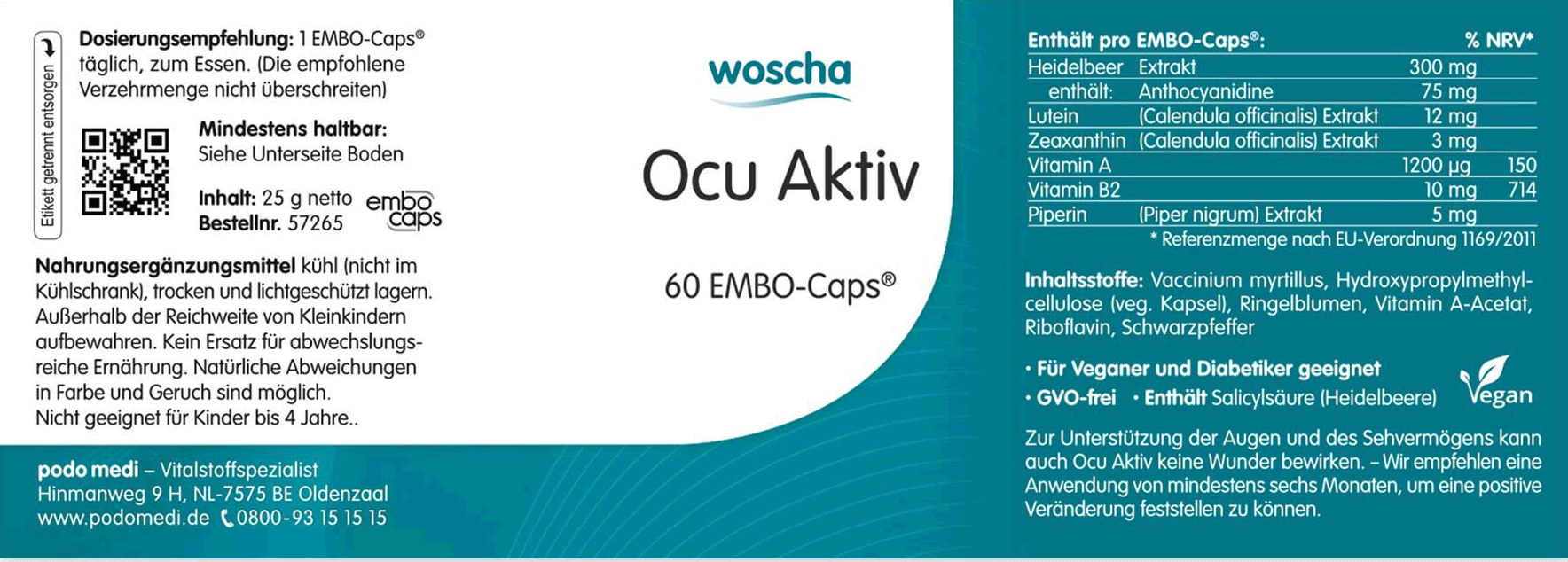 Woscha Ocu Aktiv podo medi 60 Kapseln Etikett Woscha Ocu Aktiv von podo medi beinhaltet 60 Kapseln Etikett