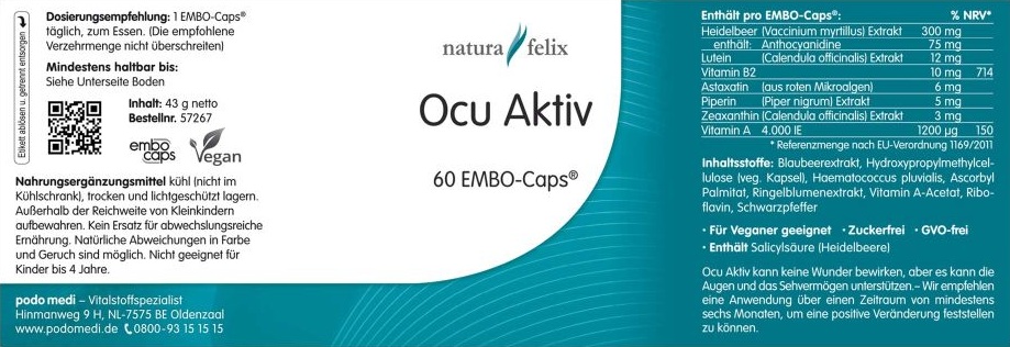 Woscha Ocu Aktiv von podo medi beinhaltet 60 Kapseln Etikett