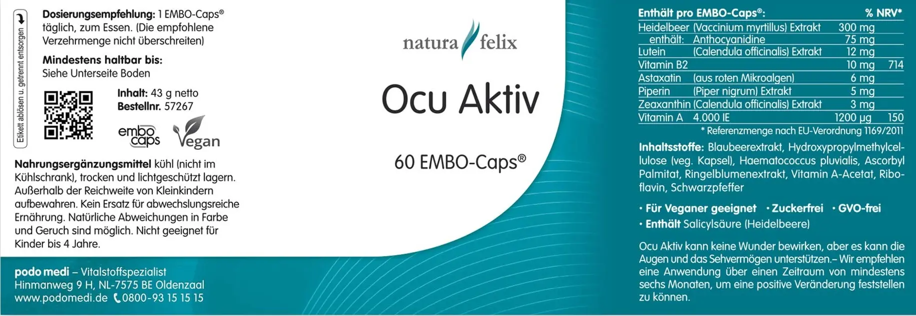 Natura Felix Ocu Aktiv, 60 Kapseln Ocu Aktiv Augengesundheit Lutein Zeaxanthin EAN: 8717729191507