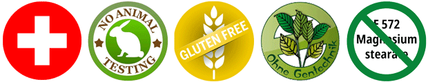 Ohne Gentechnik und ohne Tierversuche hergestellt, Frei von Gluten und Magnesiumstearat, Schweizer Qualitätsprodukt