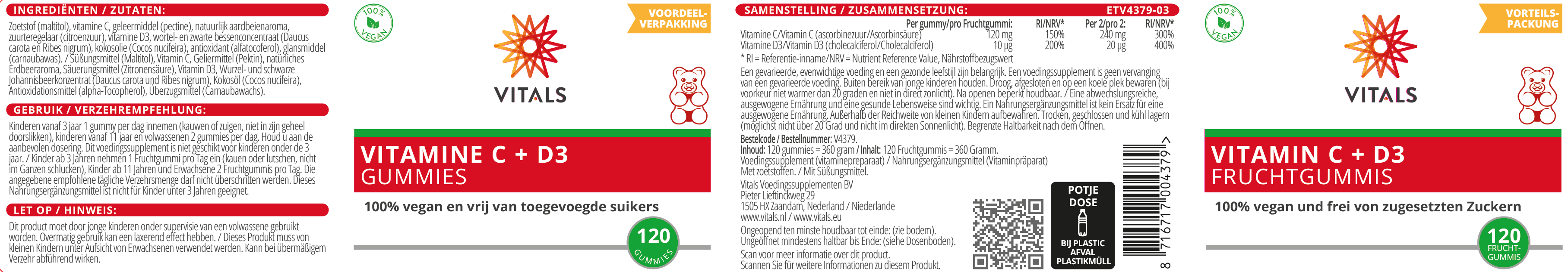Vitals Vitamin C + D3, 120 Fruchtgummis  EAN: 8716717004379