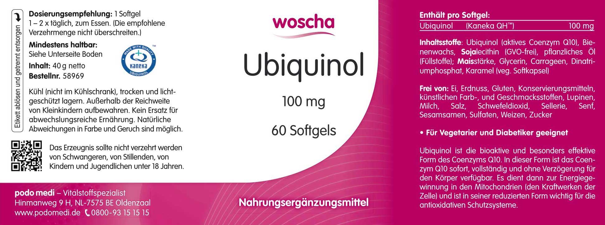 Woscha Ubiquinol 100 Milligramm von podo medi beinhaltet 60 Softgels Etikett