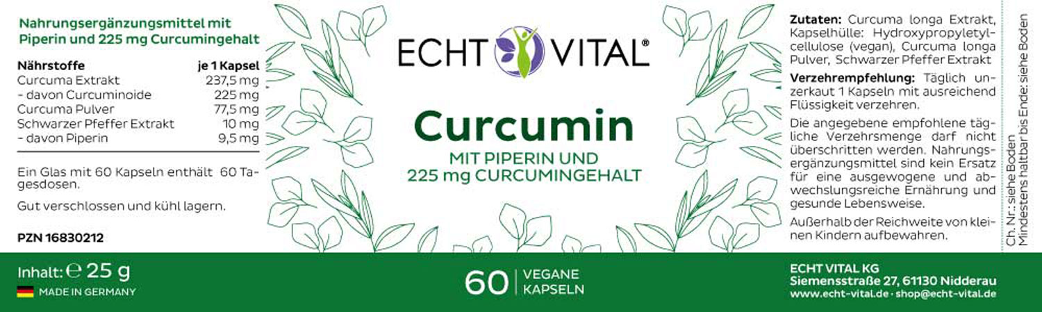 Etikett Echt Vital Curcumin mit Piperin beinhaltet 60 Kapseln