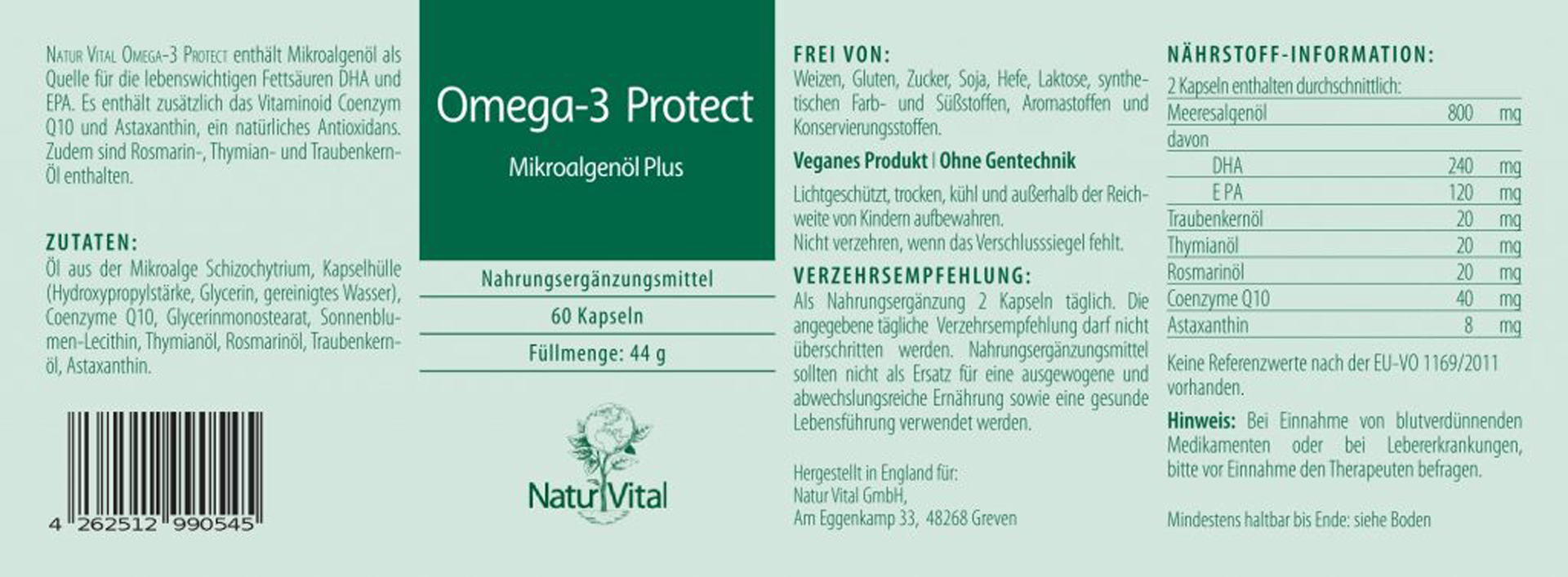 Omega-3 Protect von Natur Vital Etikett