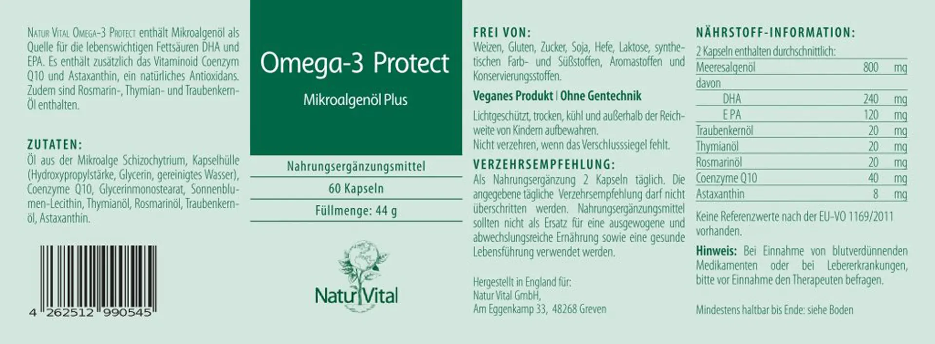 Natur Vital Omega-3 Protect Algenöl, 60 Kapsel Herz EAN: 4262512990545