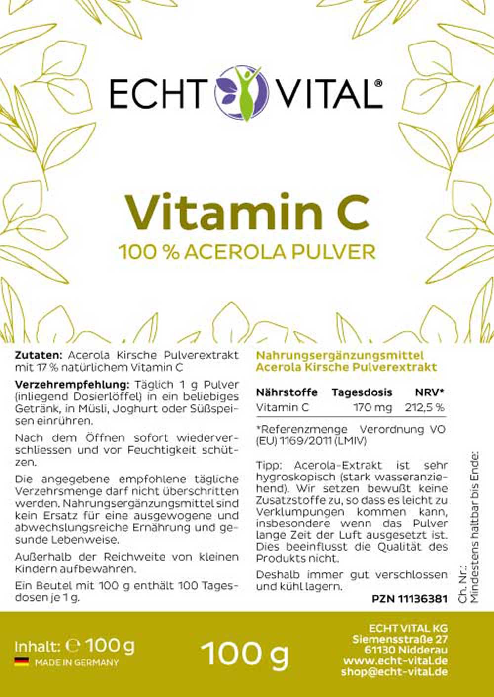 Etikett Vitamin C Acerola Pulver von Echt Vital in 100 Gramm Packung