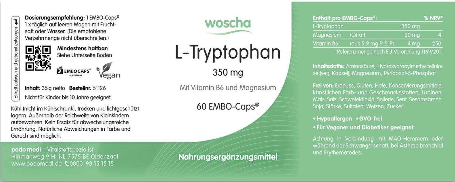 Woscha L-Tryptophan von podo medi beinhaltet 60 Kapseln Etikett