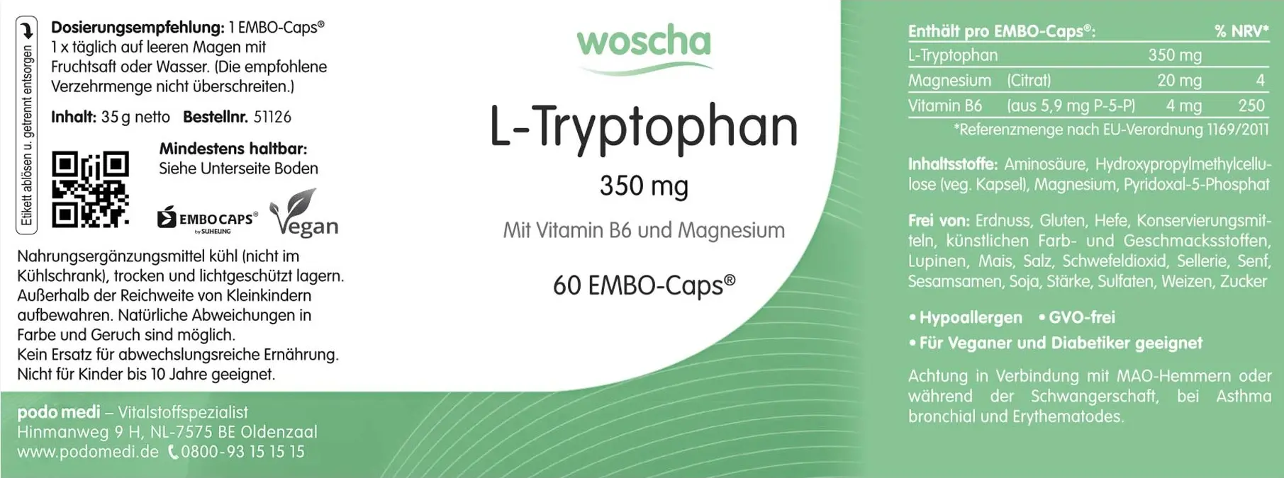 Woscha L-Tryptophan, 60 Kapseln L-Tyrosin Aminosäuren Tyrosin Aminos EAN: 8717729191309