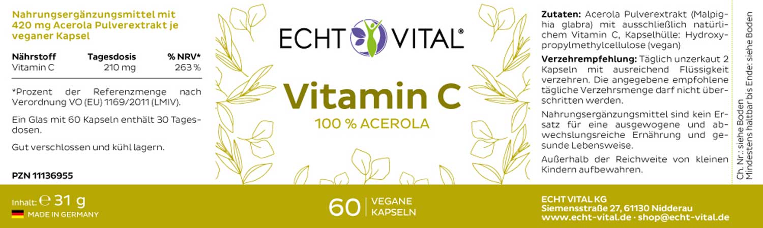 Etikett Vitamin C aus Acerola von Echt Vital beinhaltet 60 vegane Kapseln