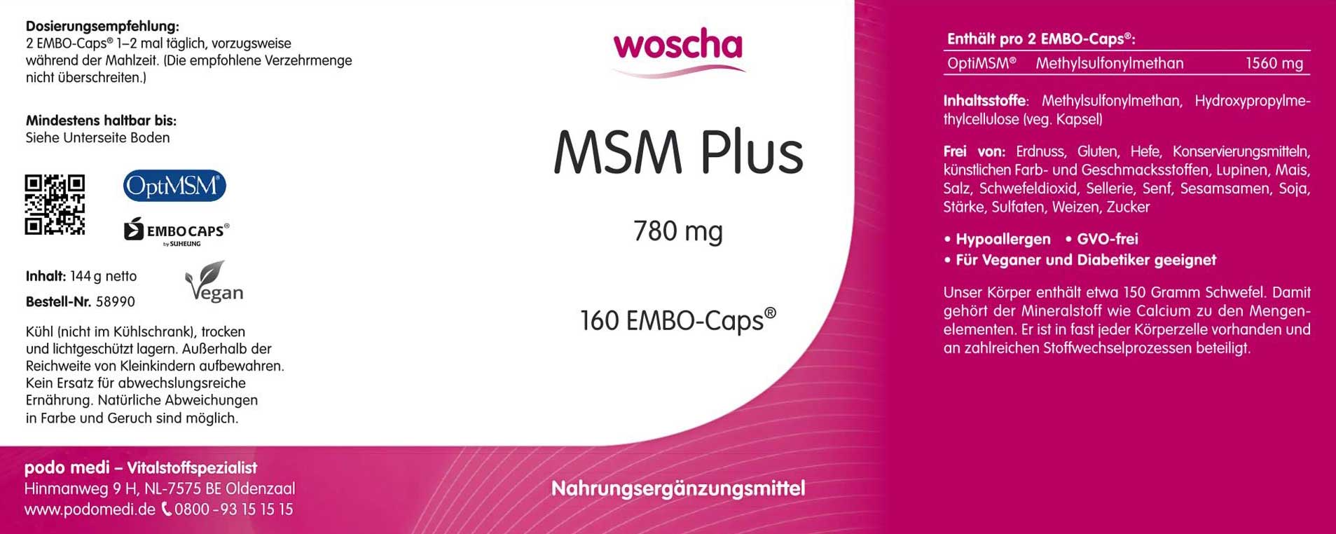 Woscha MSM Plus von podo medi 160 Kapseln Etikett Woscha MSM Plus von podo medi beinhaltet 160 Kapseln Etikett