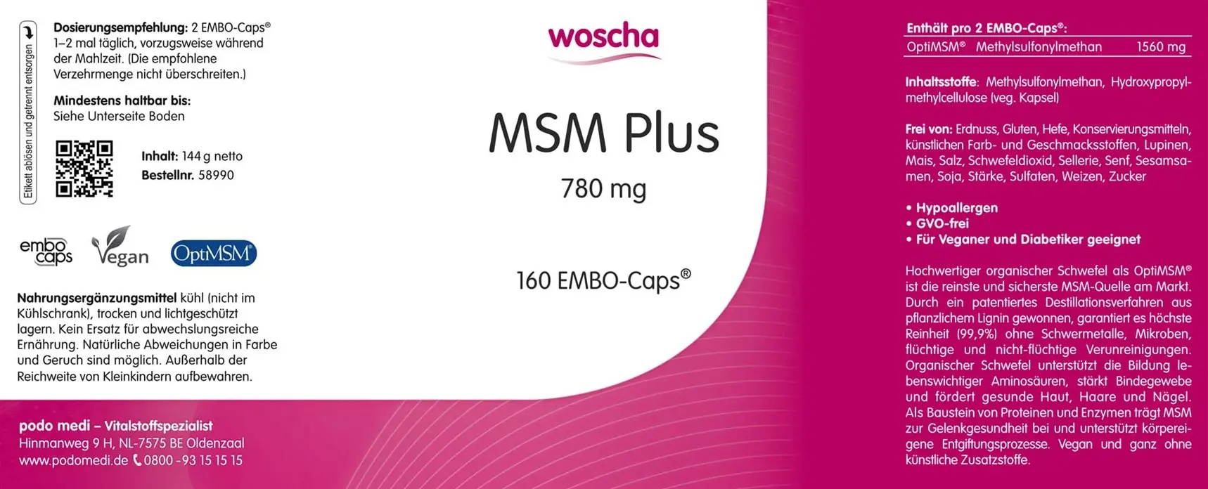 Woscha MSM Plus von podo medi beinhaltet 160 Kapseln Etikett