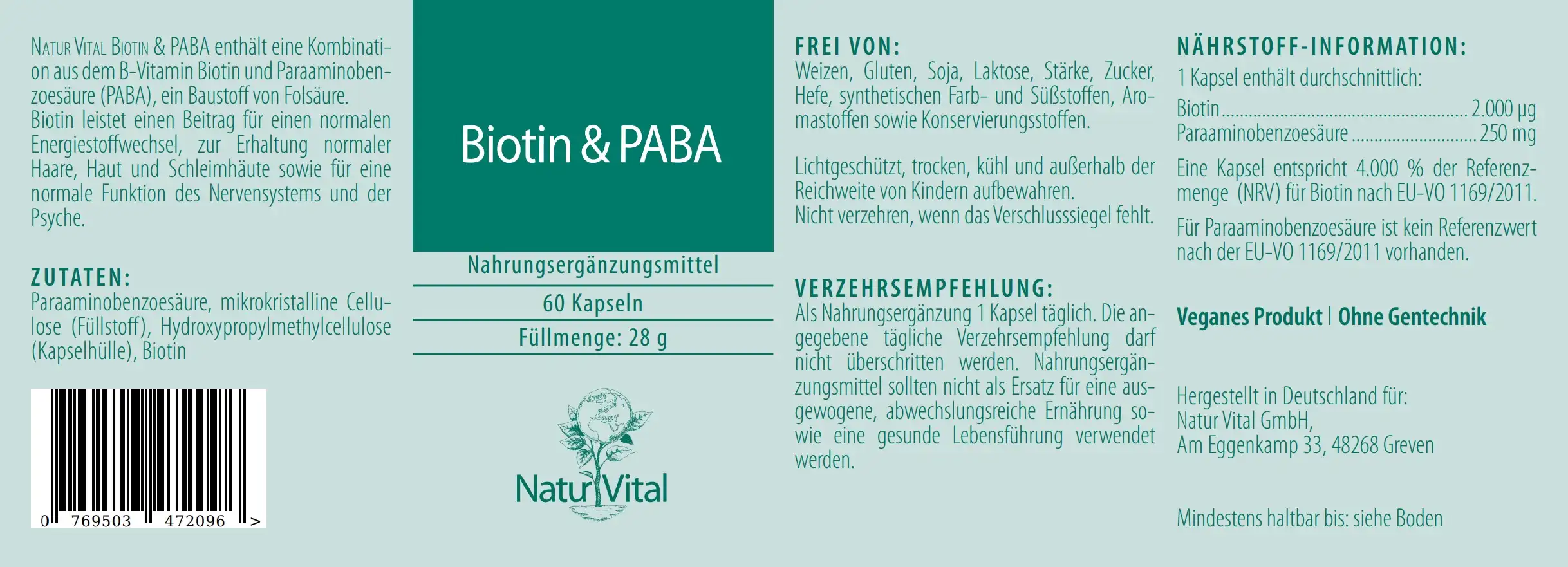 Biotin und PABA von Natur Vital beinhaltet 60 Kapseln