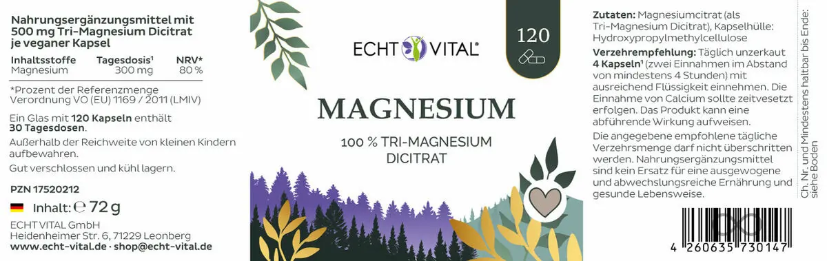 Echt Vital Tri-Magnesium Dicitrat Kapseln, 120 Kapseln Müdigkeit EAN: 4260635730147