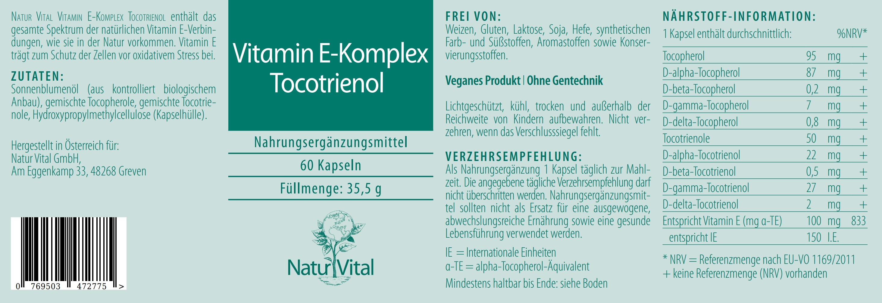 Natur Vital Vitamin E-Komplex Tocotrienol, 60 Kapseln  EAN: 4262512990828
