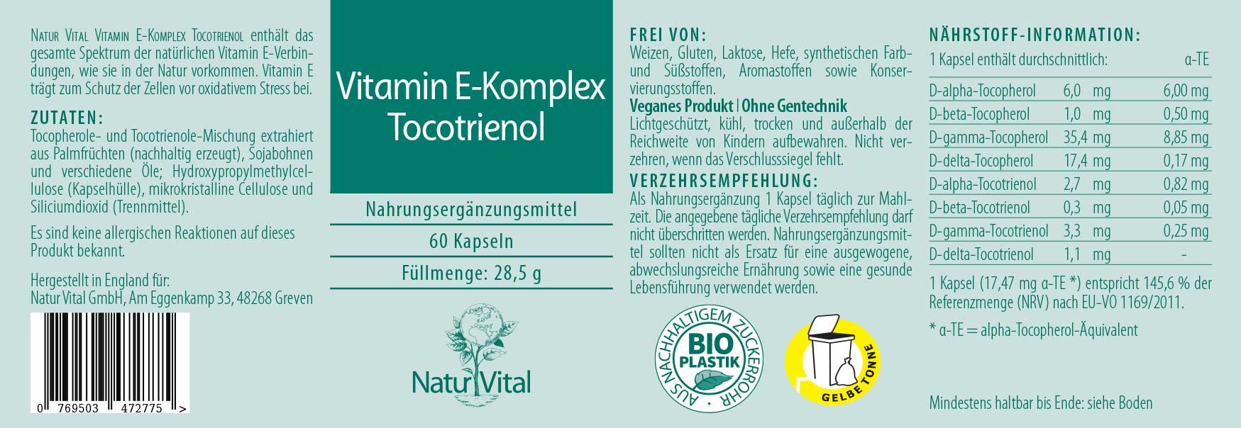 Vitamin E Komplex Tocotrienol Etikett von Natur Vital