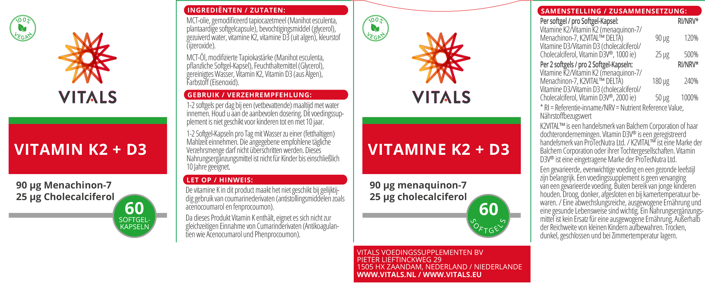 Vitals Vitamin K2 + D3, 60 vegane Softgel-Kapseln  EAN: 8716717004423