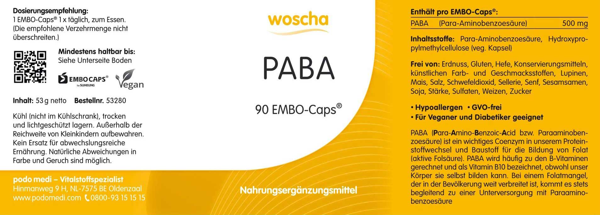 Woscha PABA von podo medi beinhaltet 90 Kapseln Etikett