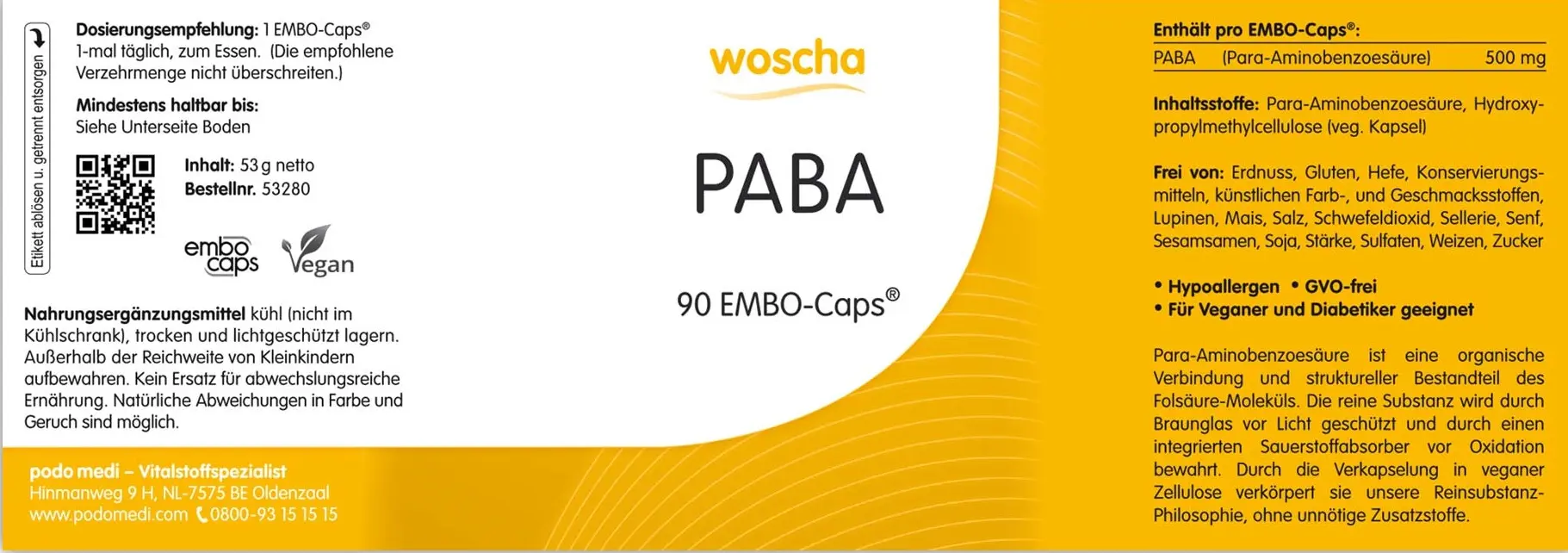 Woscha PABA von podo medi beinhaltet 90 Kapseln Etikett