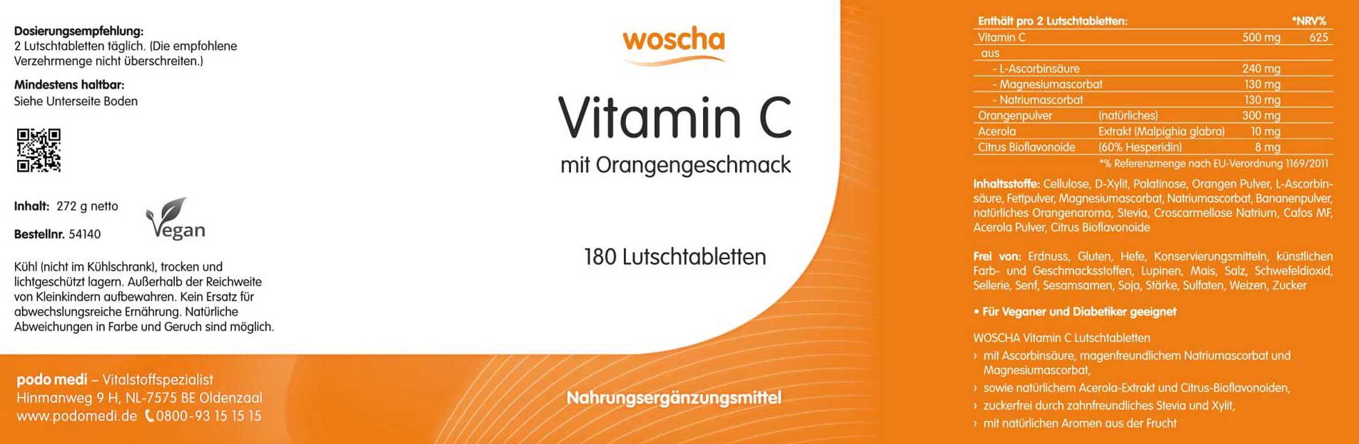 Woscha Vitamin C von podo medi beinhaltet 180 Lutschtabletten Etikett