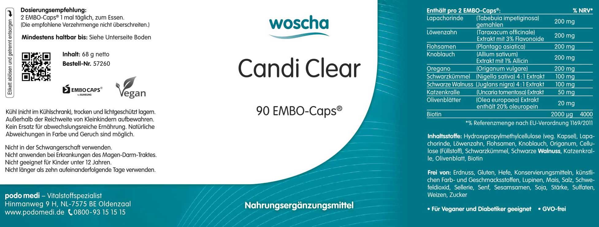 Woscha Candi Clear von podo medi beinhaltet 90 Kapseln Etikett