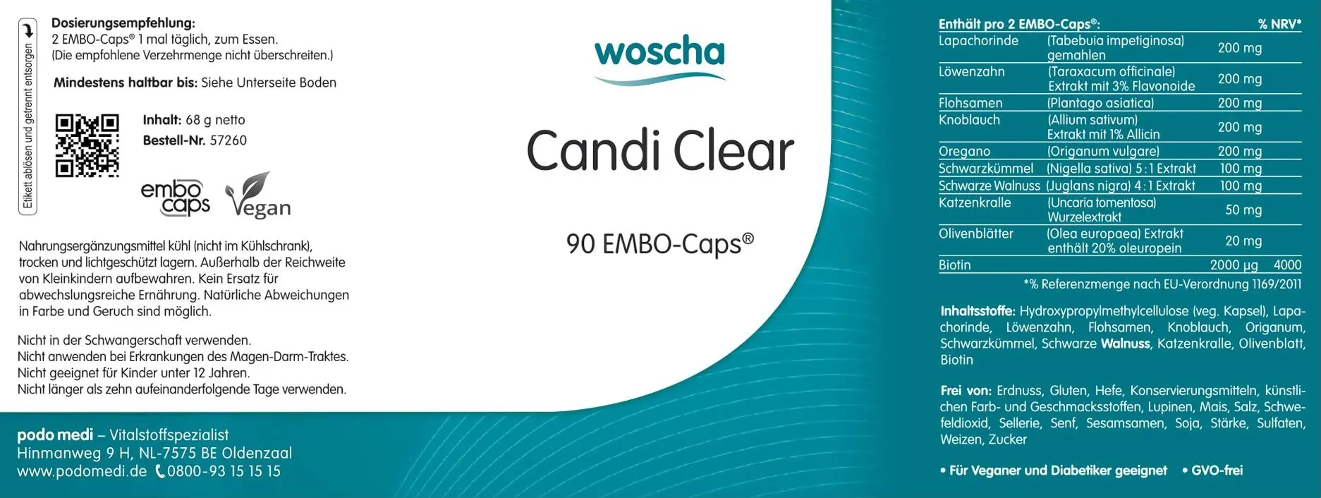Woscha Candi Clear von podo medi beinhaltet 90 Kapseln Etikett