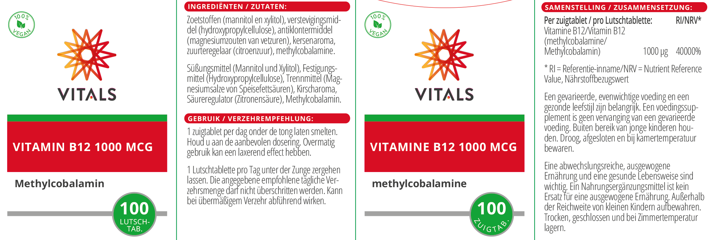 Vitals Vitamin B12 1000 mcg, 100 Lutschtabletten Methylcobalamin aktives Vitamin B12 EAN: 8716717002061