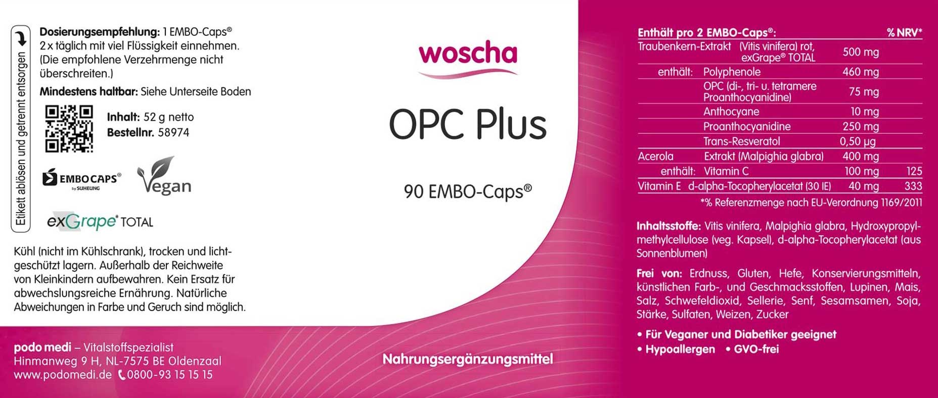 Woscha OPC Plus von podo medi beinhaltet 90 Kapseln Etikett
