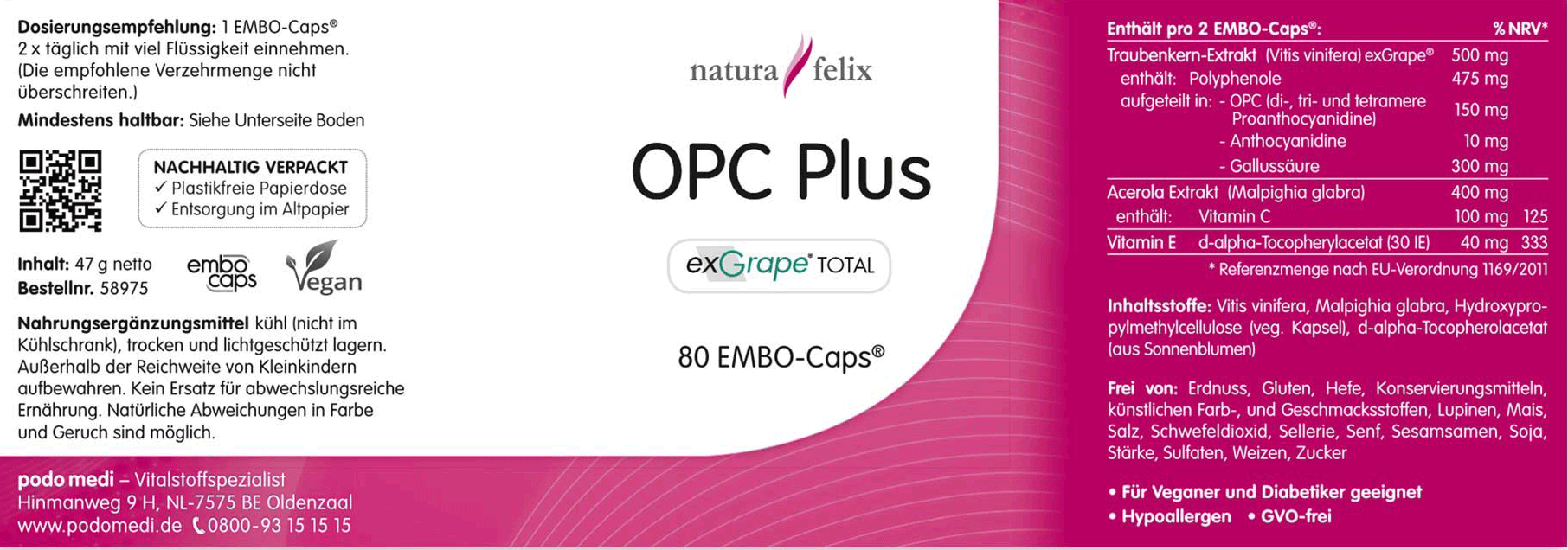 Woscha OPC Plus von podo medi beinhaltet 90 Kapseln Etikett