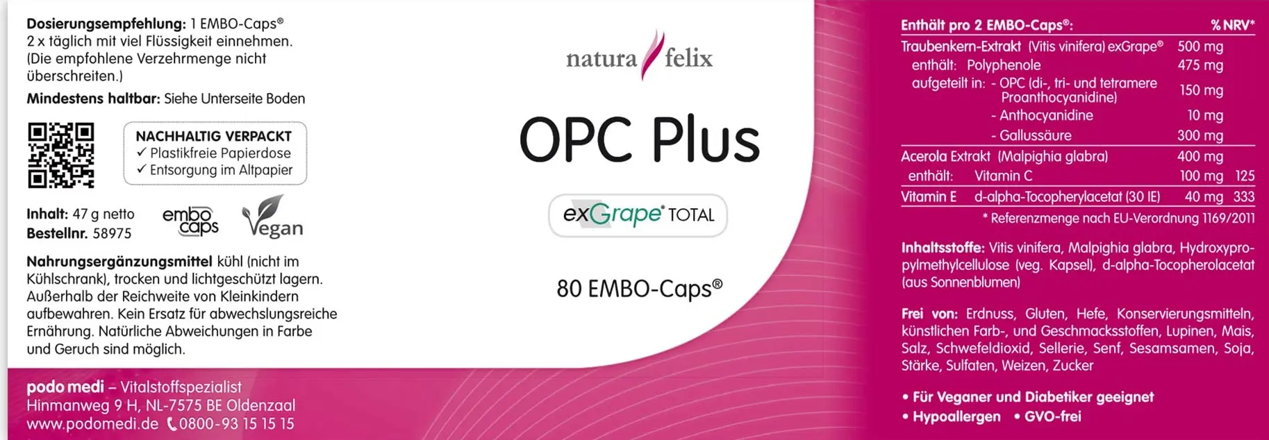 Woscha OPC Plus von podo medi beinhaltet 90 Kapseln Etikett